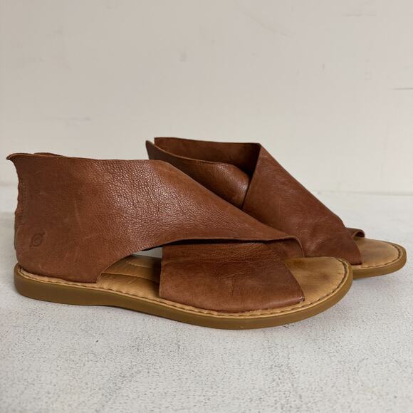 BORN IWA Brown Leather Sandals Womens 10 M Heel Zip Open Toe Flat Women’s Casual - Picture 1 of 6
